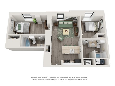 A floor plan of a small apartment with a kitchen, living room, and bathroom.